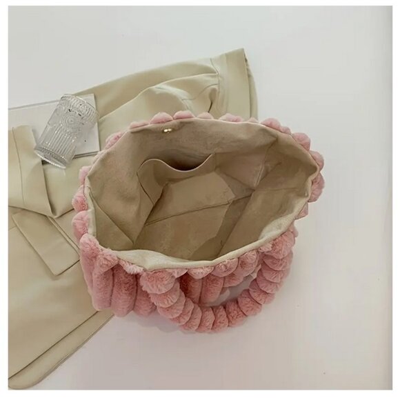 NWT Handbag Purse Shoulder Bag Faux Fur Fuzzy Soft Plush Handheld PEACH PINK - Picture 5 of 13